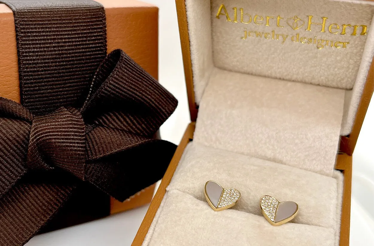 Earrings 14kt Gold Folded Hearts Mother of Pearls & Diamonds Studs