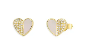 Earrings 14kt Gold Folded Hearts Mother of Pearls & Diamonds Studs