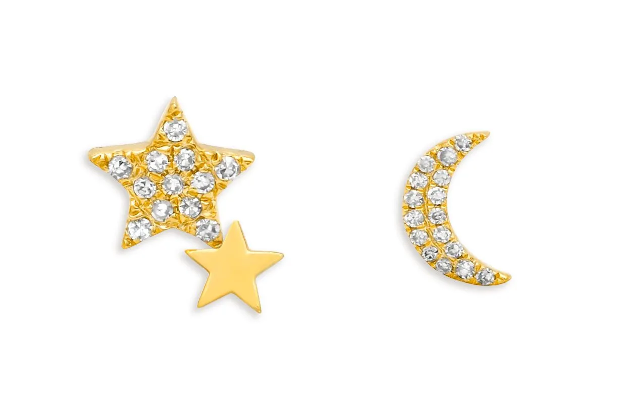 Earrings 14kt Gold Moon & Stars Studs