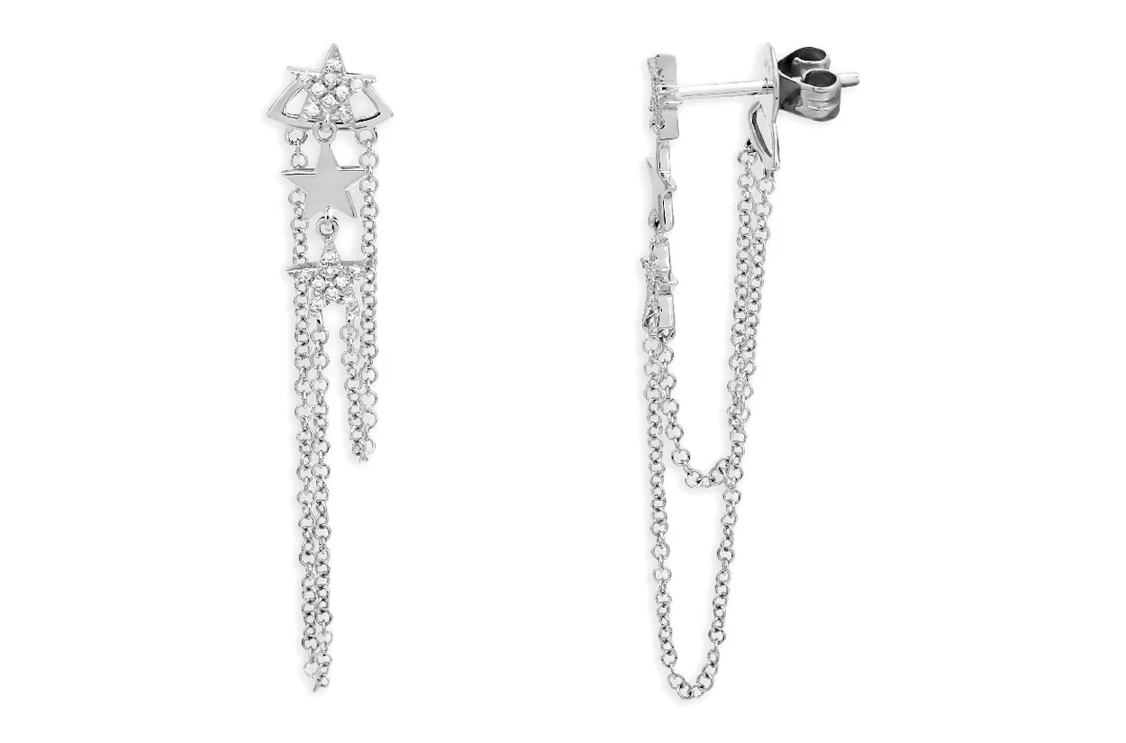 Earrings 14kt Gold Three Stars & Diamonds Chain Studs