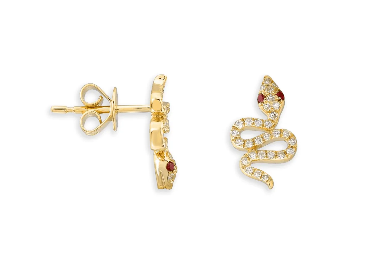 Earrings 14kt Stud Snakes Ruby Eyes & Diamonds