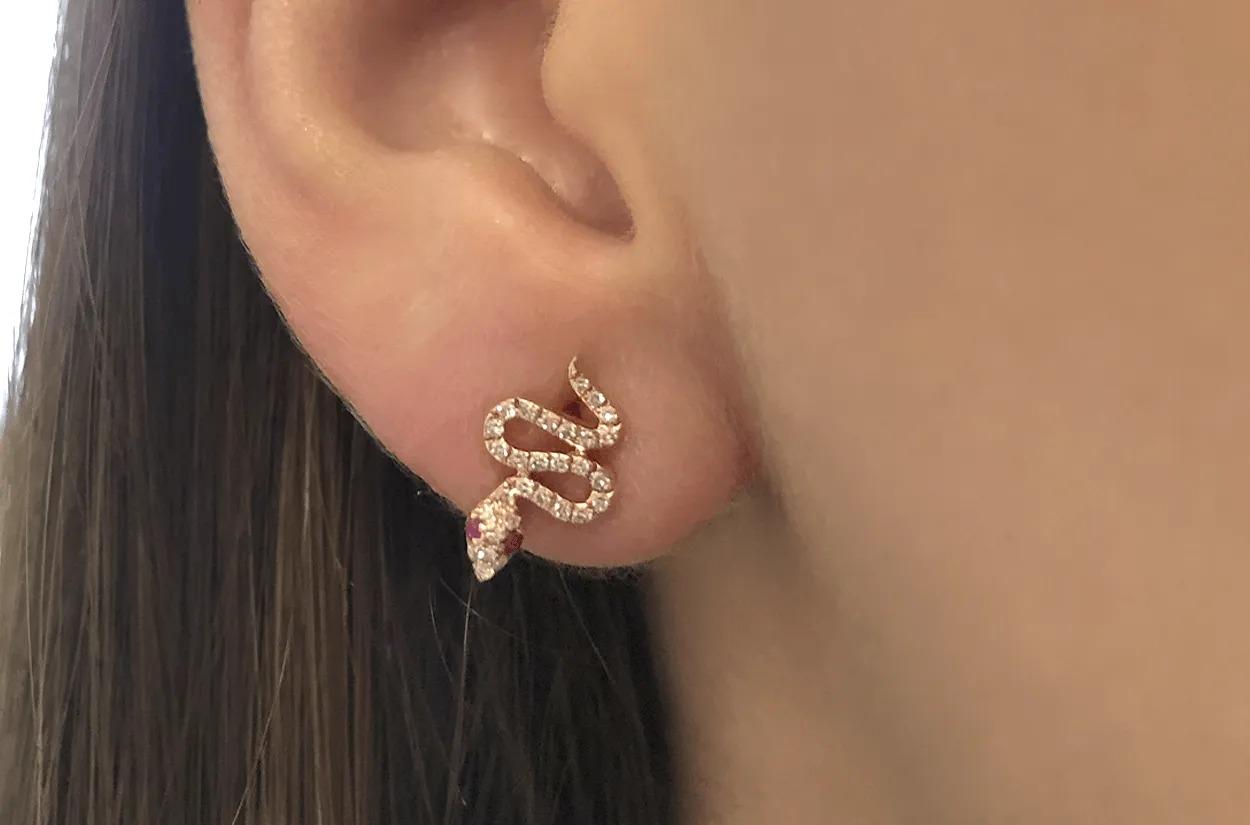 Earrings 14kt Stud Snakes Ruby Eyes & Diamonds