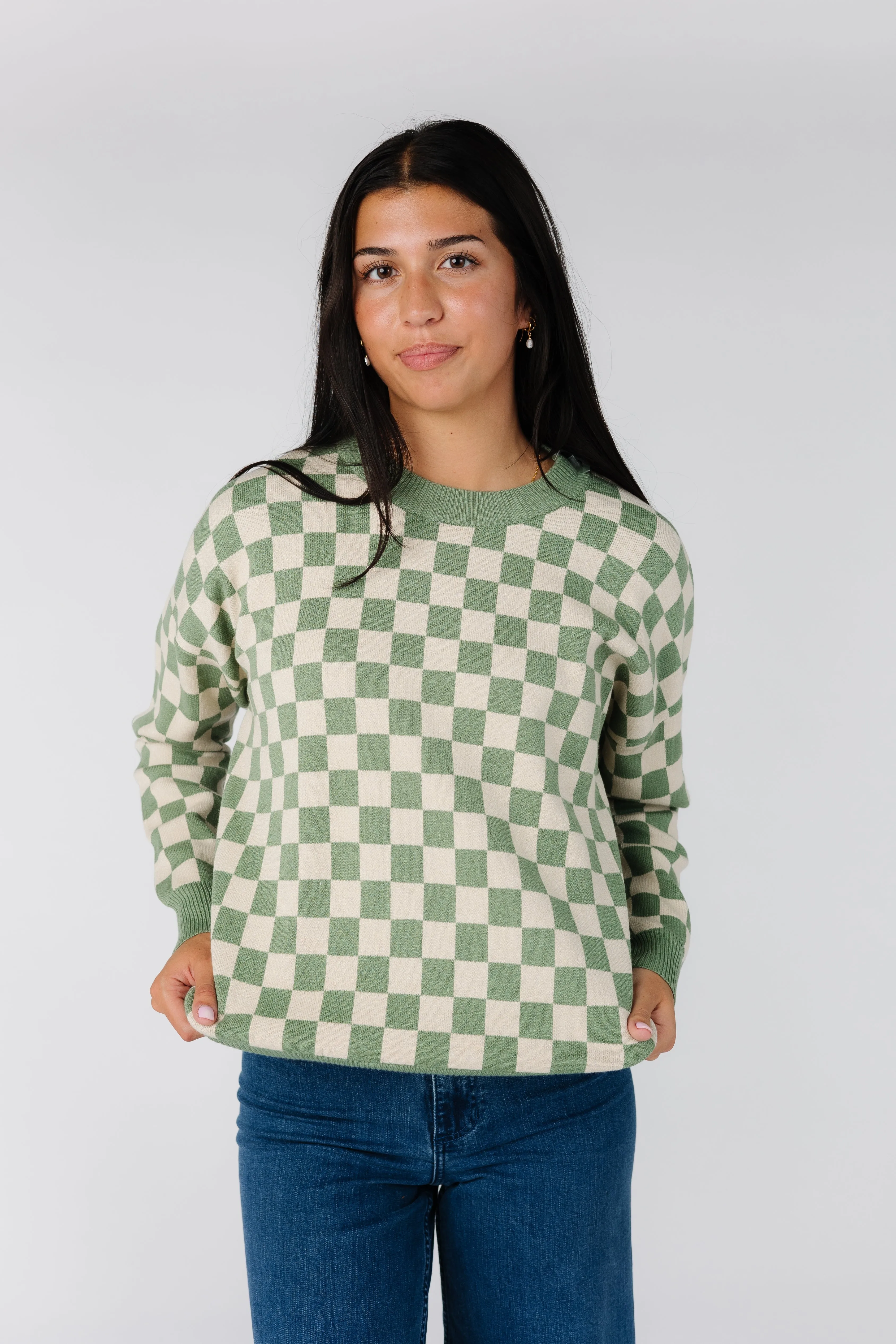 Easy Street Checkered Crew Neck Sweater