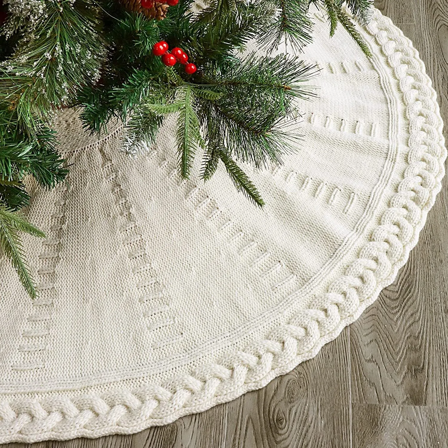 Festive Red Knitted Christmas Tree Skirt