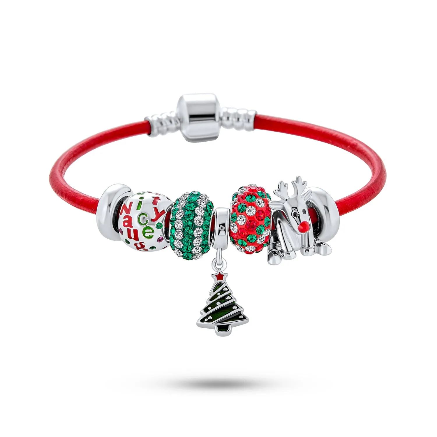 Fun Christmas Theme Bead Multi Charm Leather Red Bracelet .925 Silver