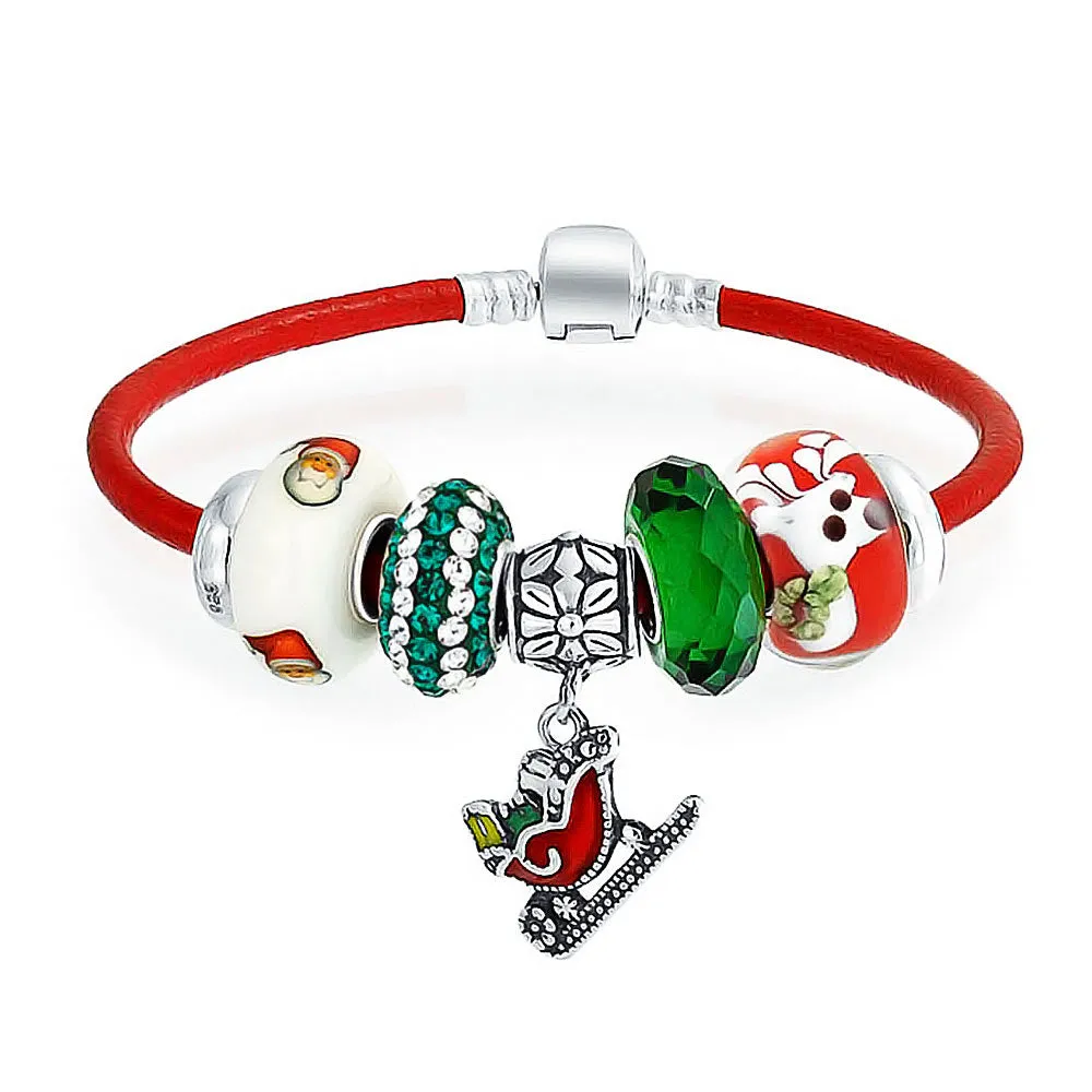 Fun Christmas Theme Bead Multi Charm Leather Red Bracelet .925 Silver