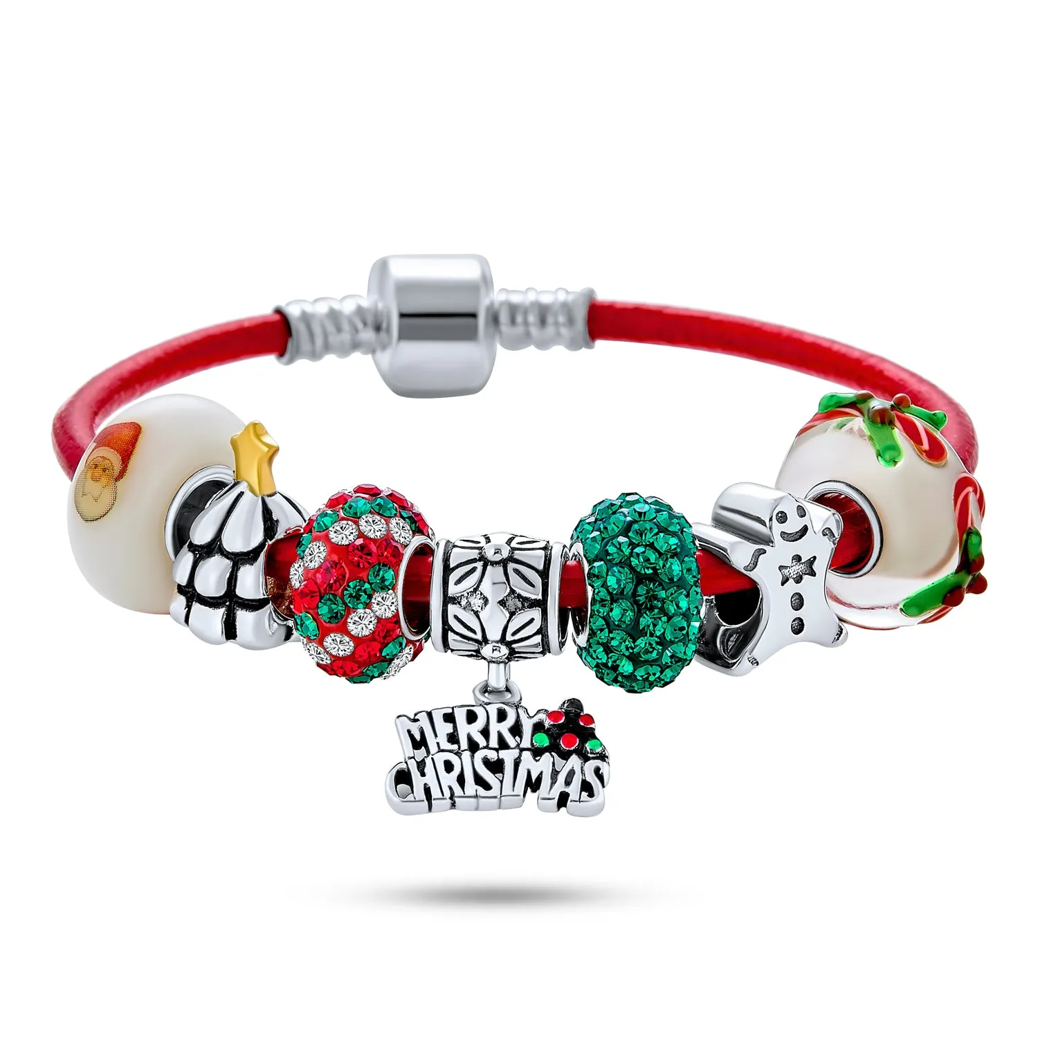 Fun Christmas Theme Bead Multi Charm Leather Red Bracelet .925 Silver