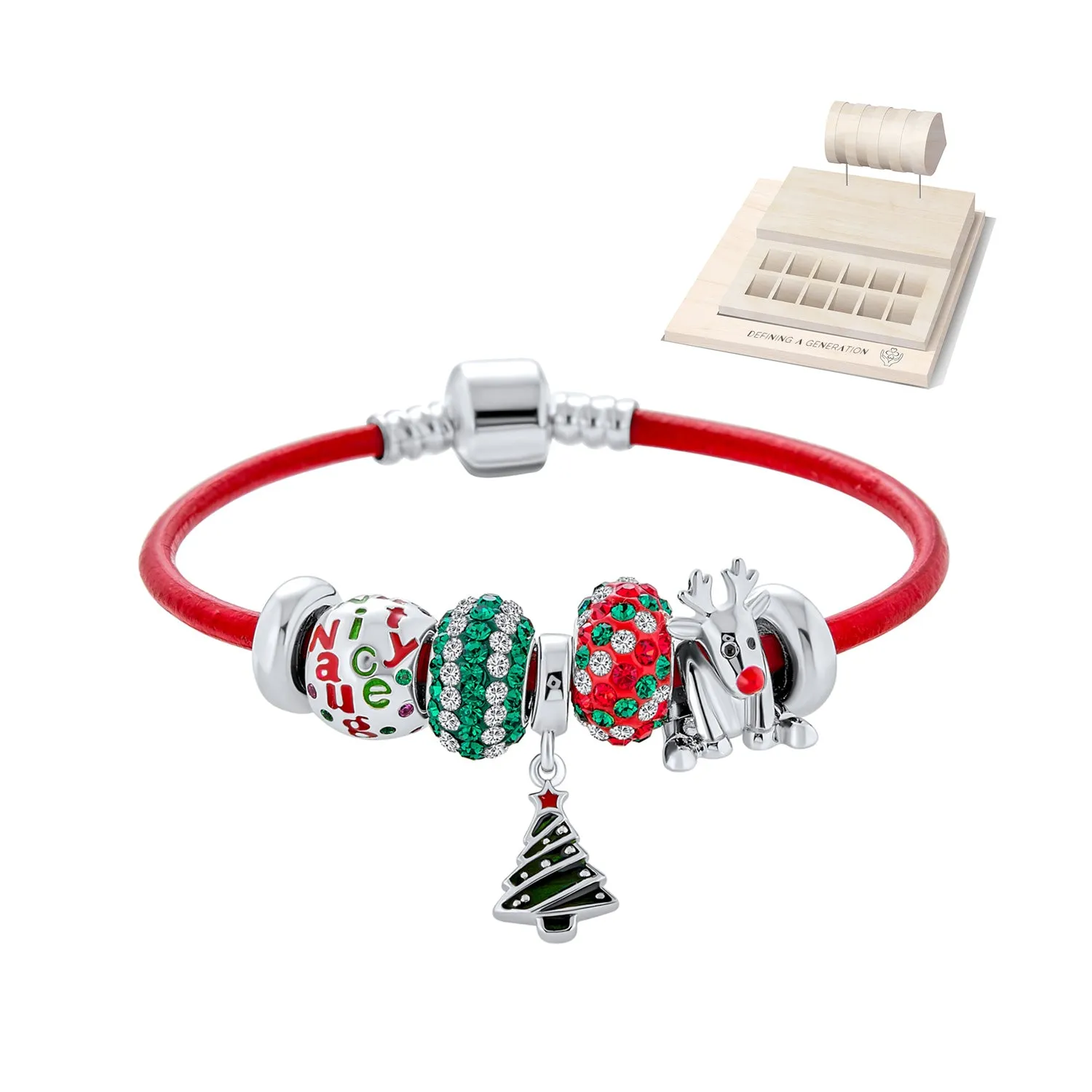 Fun Christmas Theme Bead Multi Charm Leather Red Bracelet .925 Silver