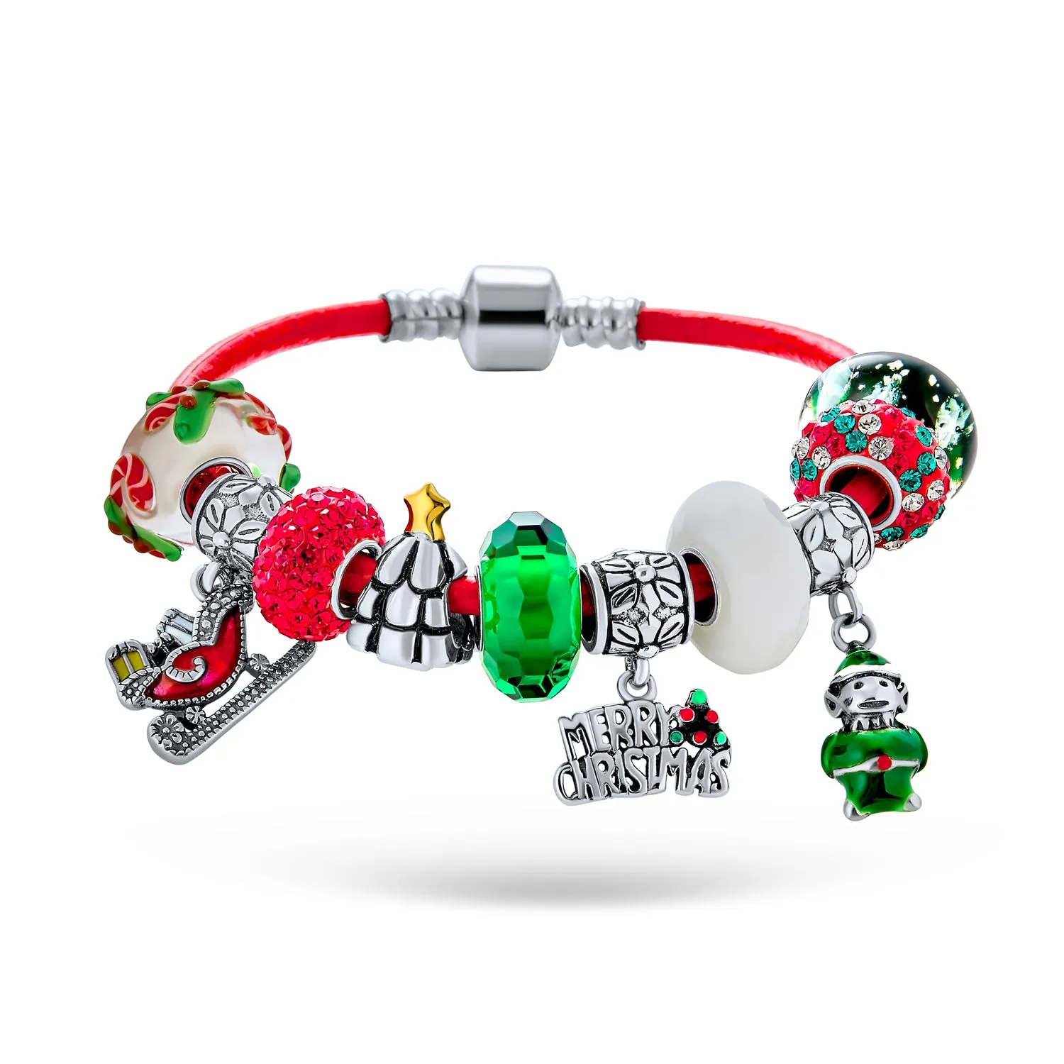 Fun Christmas Theme Bead Multi Charm Leather Red Bracelet .925 Silver