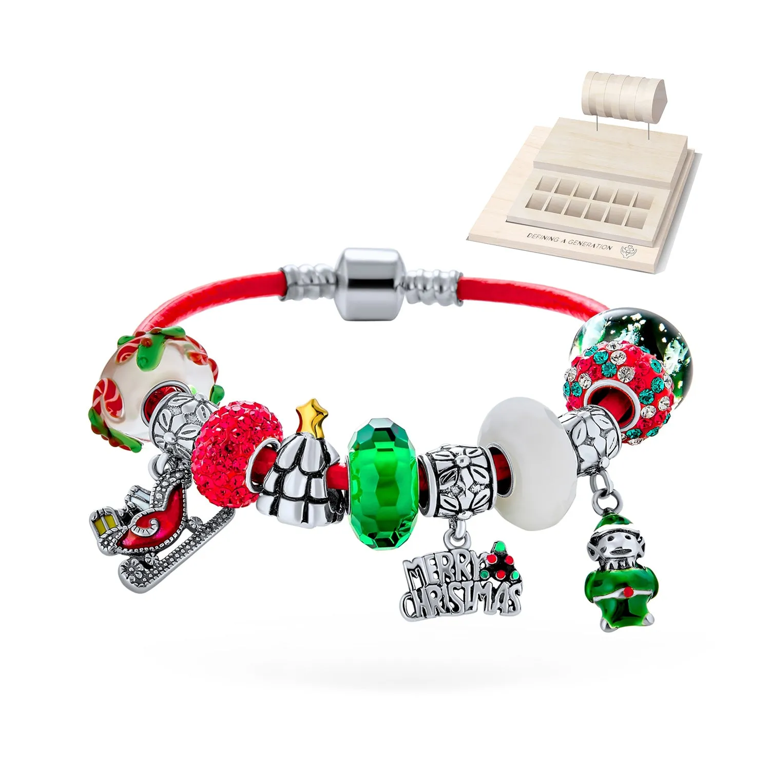 Fun Christmas Theme Bead Multi Charm Leather Red Bracelet .925 Silver