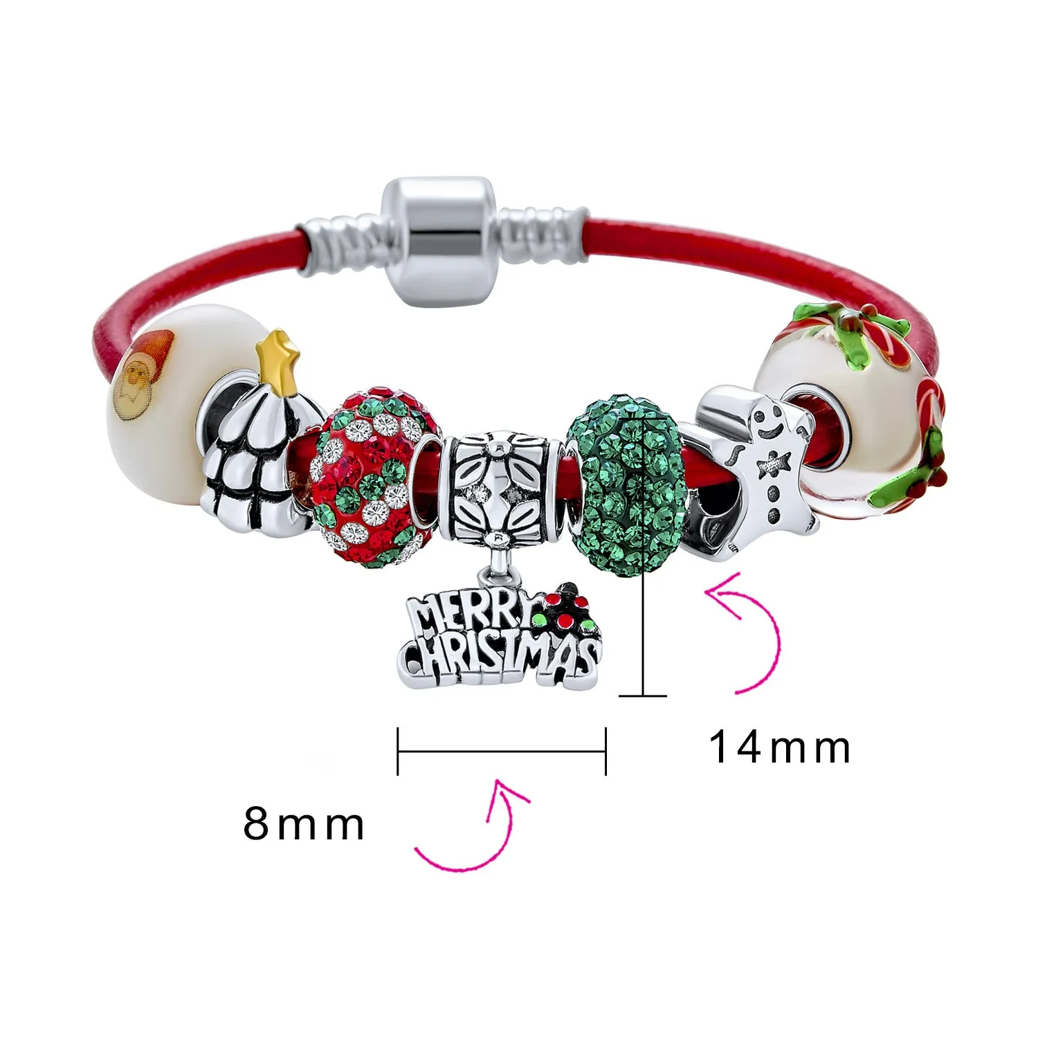 Fun Christmas Theme Bead Multi Charm Leather Red Bracelet .925 Silver