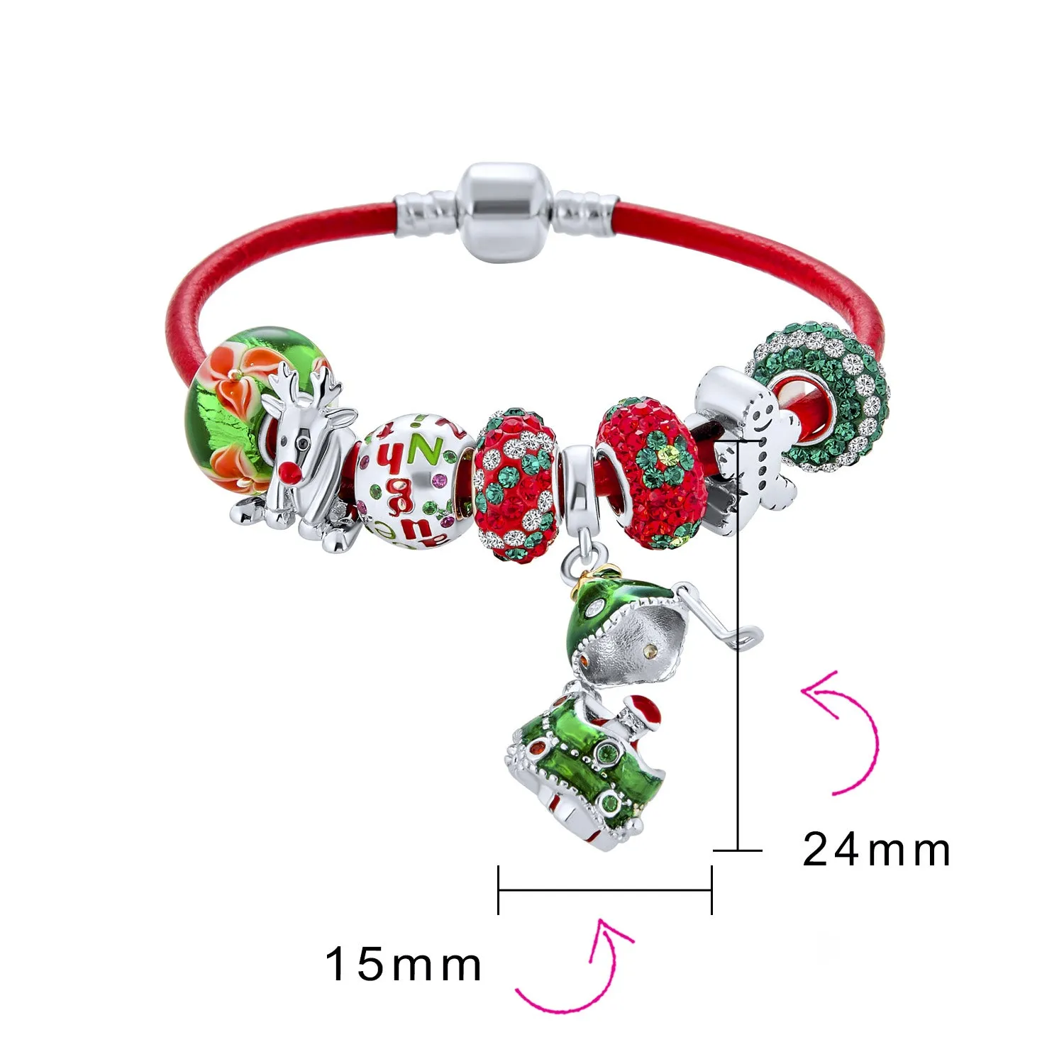 Fun Christmas Theme Bead Multi Charm Leather Red Bracelet .925 Silver