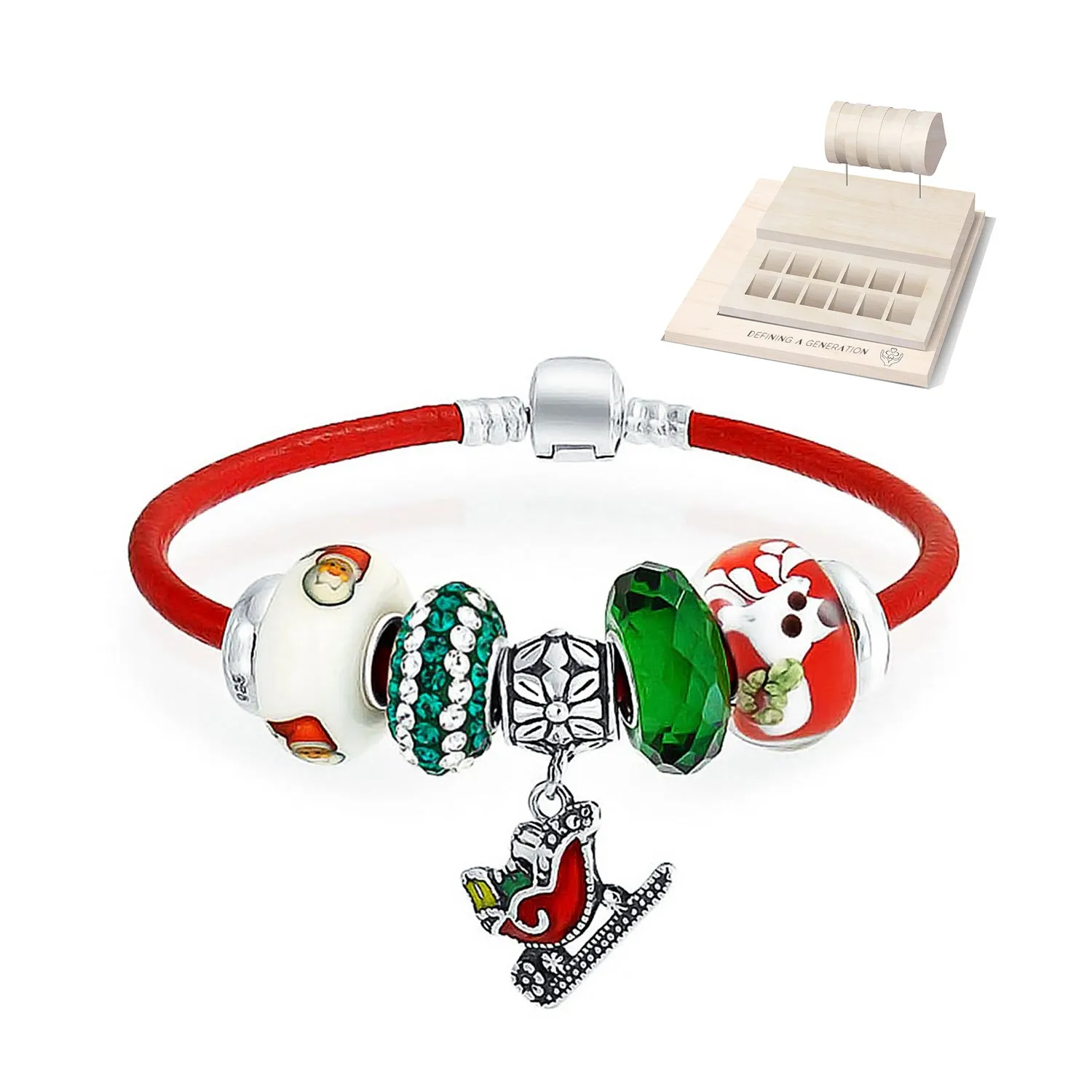 Fun Christmas Theme Bead Multi Charm Leather Red Bracelet .925 Silver