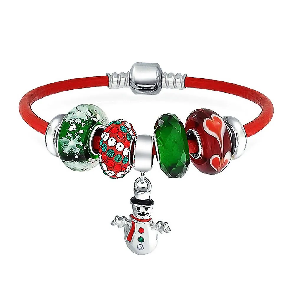 Fun Christmas Theme Bead Multi Charm Leather Red Bracelet .925 Silver