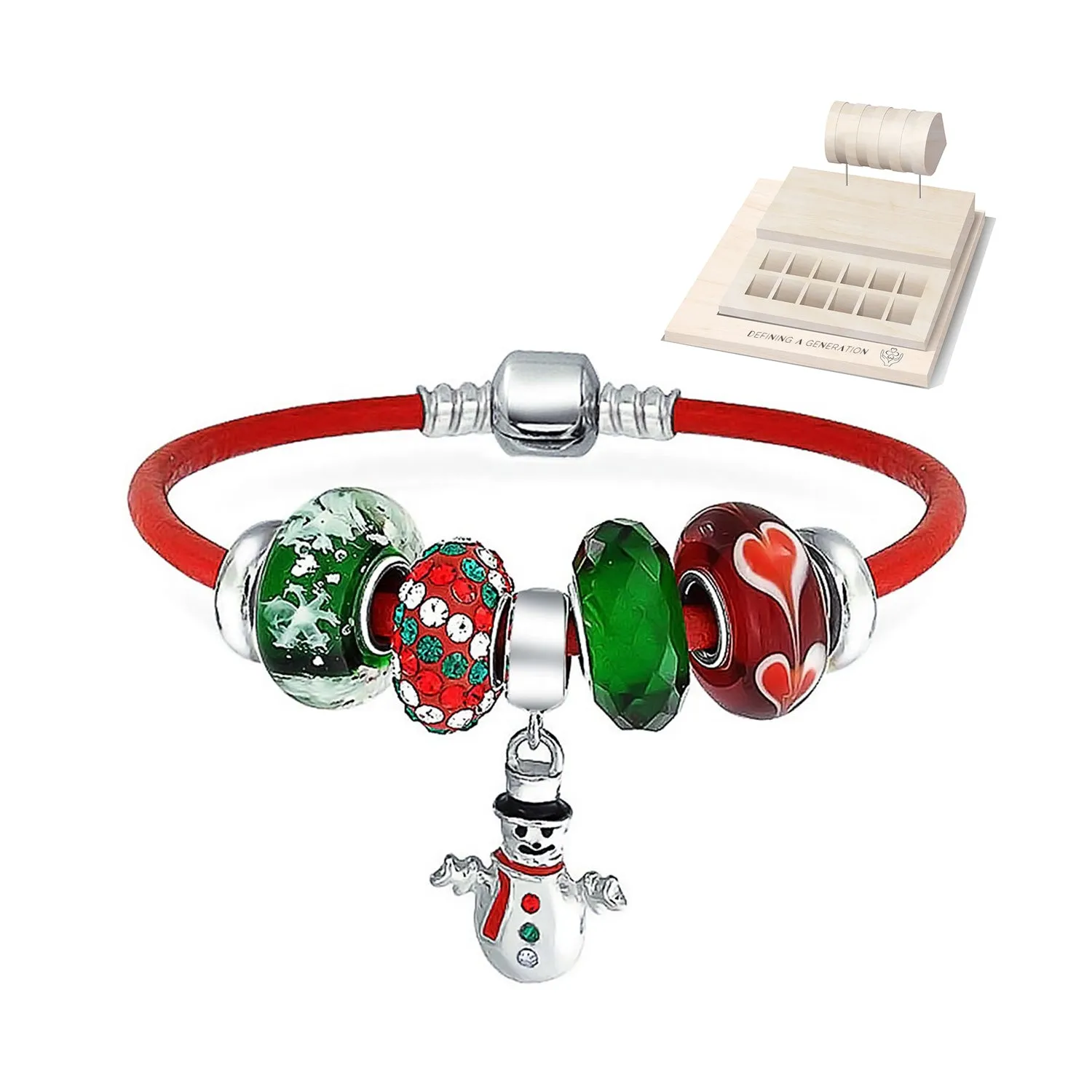 Fun Christmas Theme Bead Multi Charm Leather Red Bracelet .925 Silver