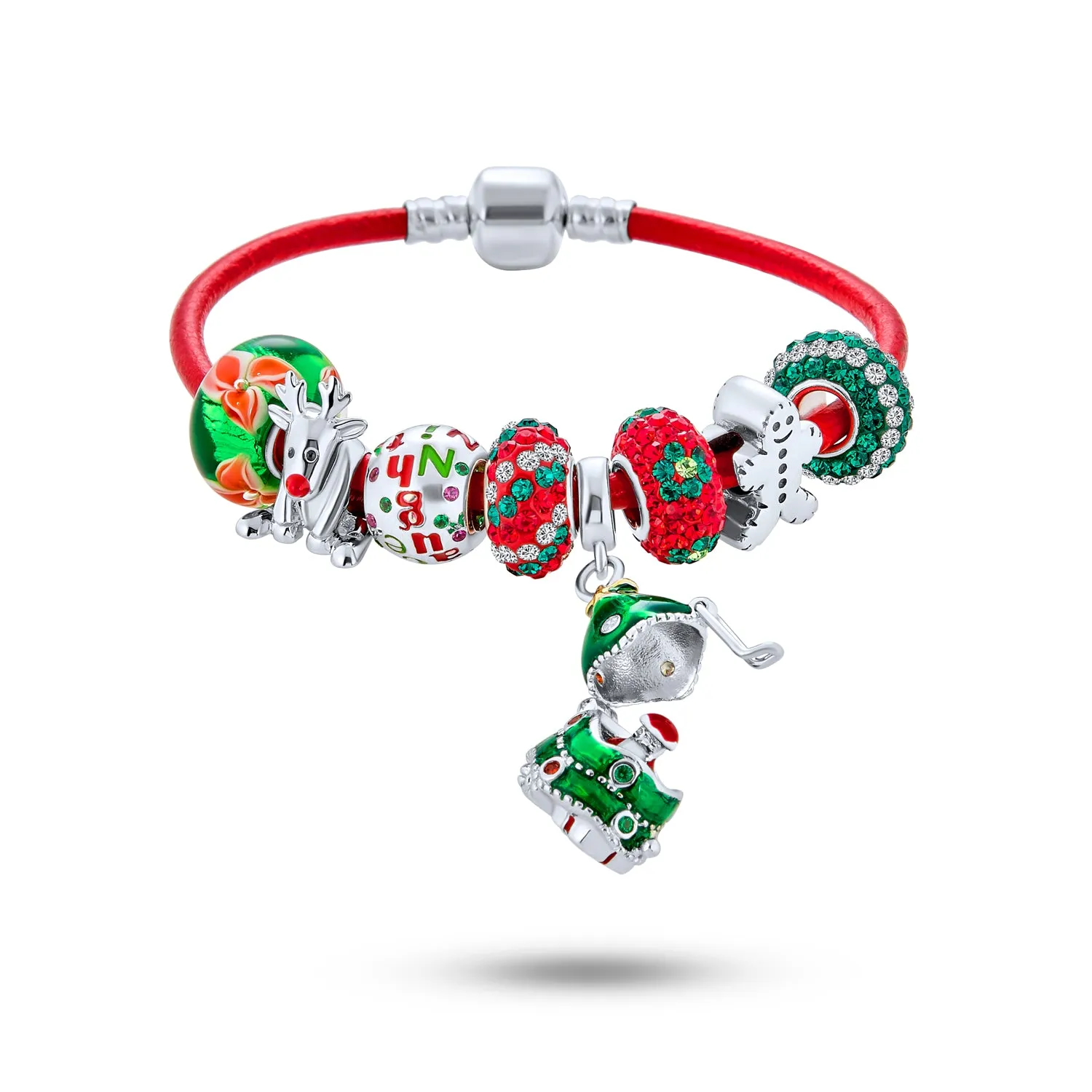 Fun Christmas Theme Bead Multi Charm Leather Red Bracelet .925 Silver