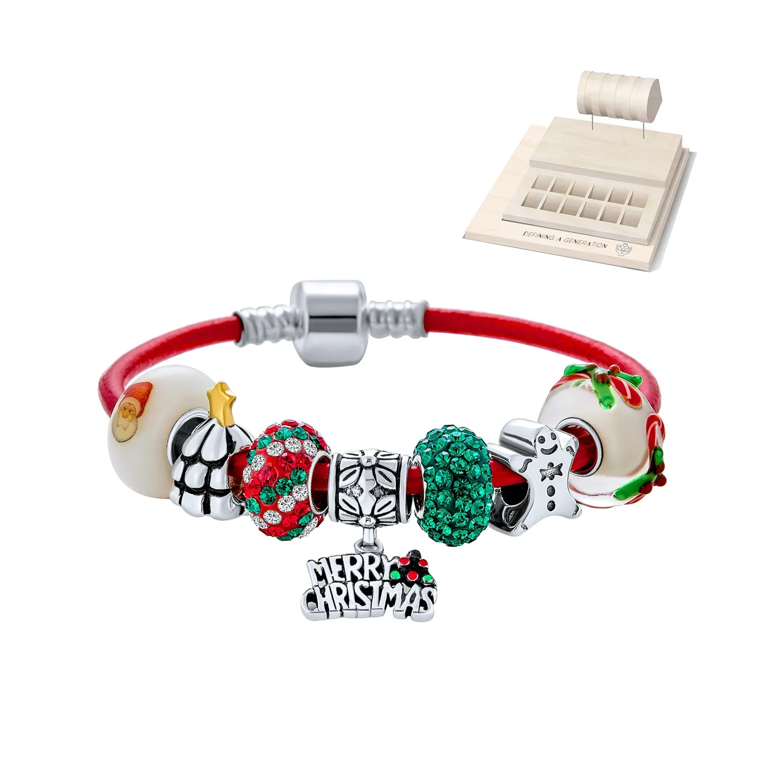 Fun Christmas Theme Bead Multi Charm Leather Red Bracelet .925 Silver