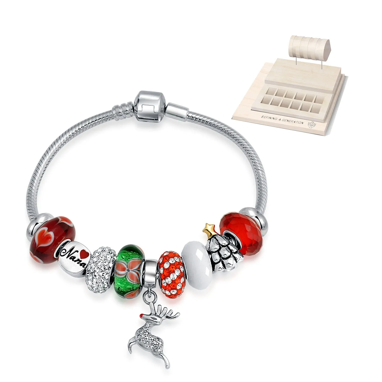 Fun Christmas Theme Bead Multi Charm Leather Red Bracelet .925 Silver