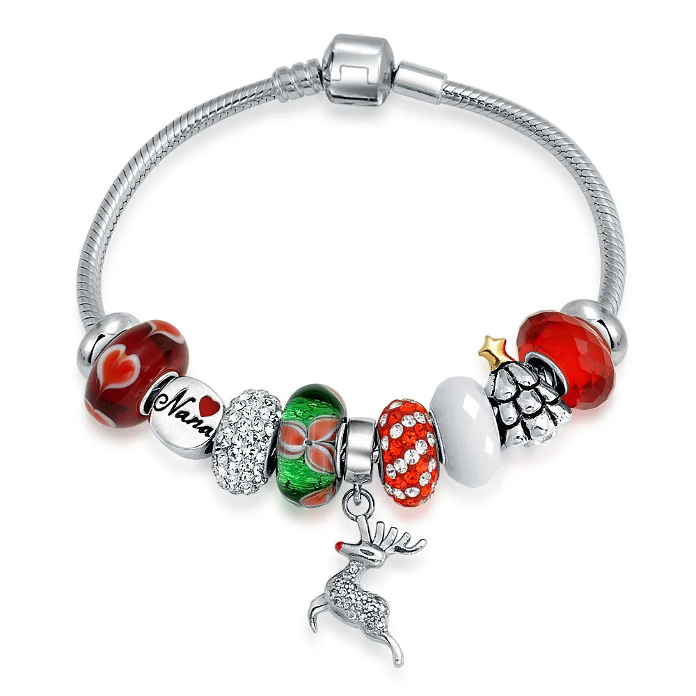 Fun Christmas Theme Bead Multi Charm Leather Red Bracelet .925 Silver