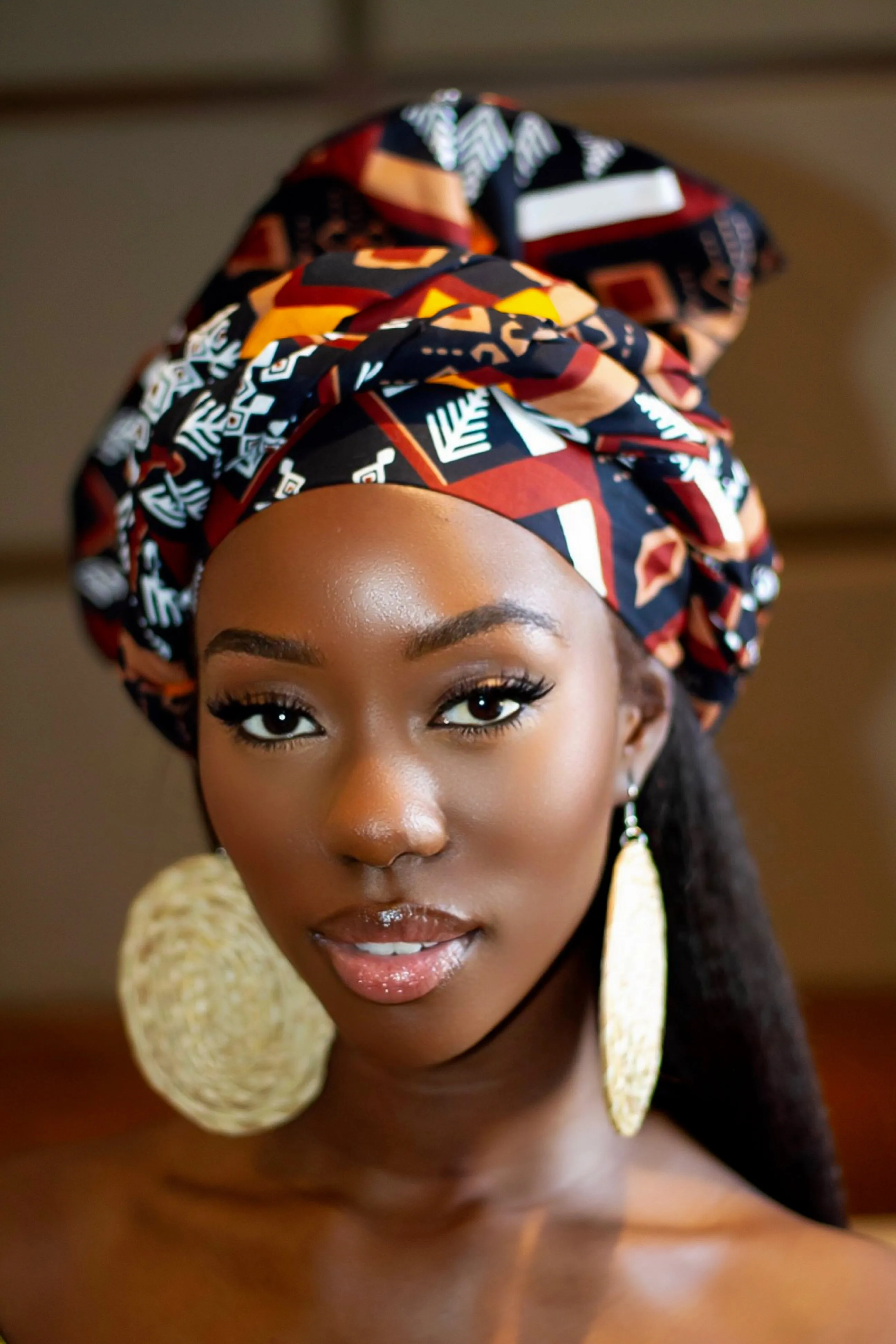 Gift Bundle African Ankara Print Headwrap/Headtie with Rattan Earring- Mmasi