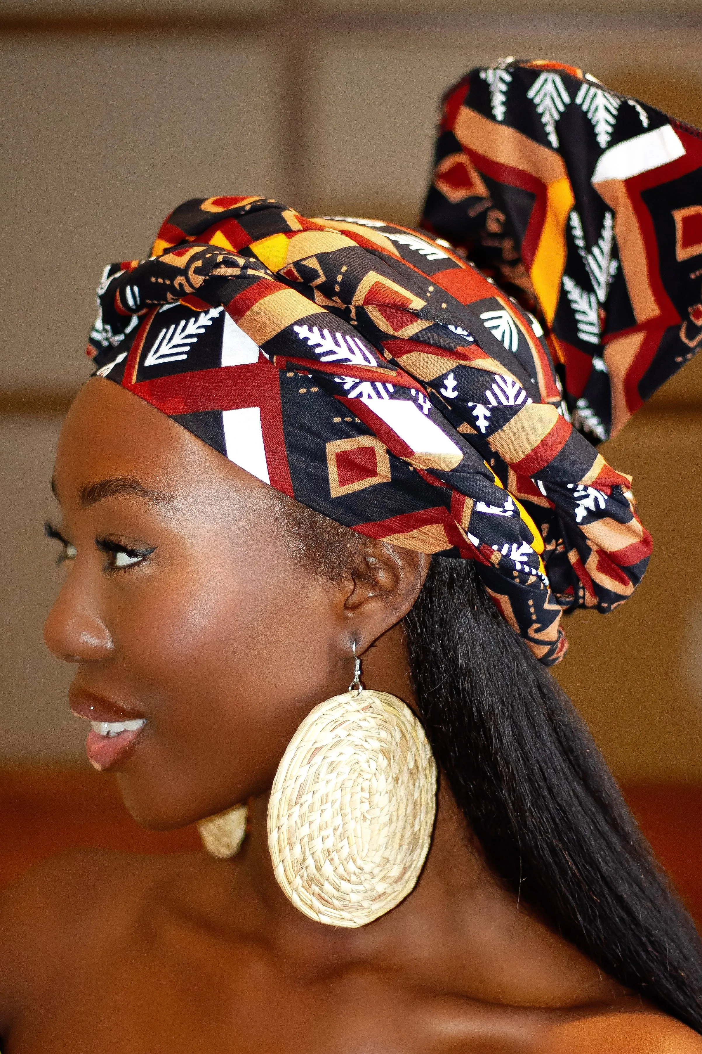 Gift Bundle African Ankara Print Headwrap/Headtie with Rattan Earring- Mmasi