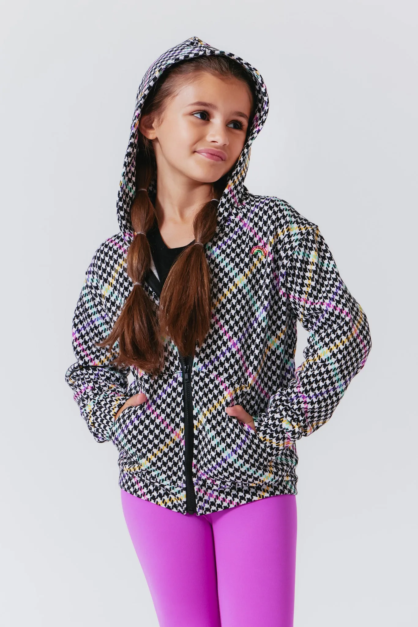 Girls Oversized Zip Hoodie in Rainbow Stripe Houndstooth