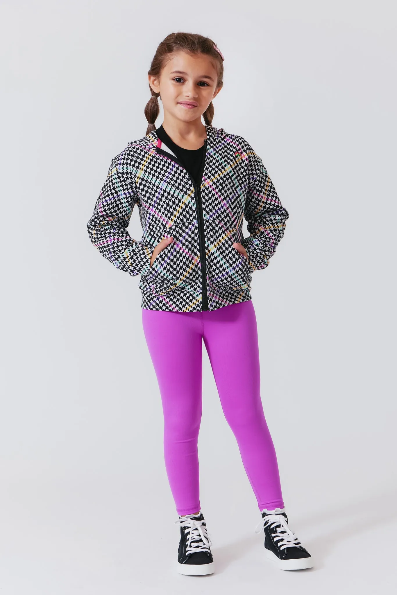 Girls Oversized Zip Hoodie in Rainbow Stripe Houndstooth