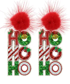 'Ho Ho Ho' Glitter & Pom Pom Earrings - Red & Green