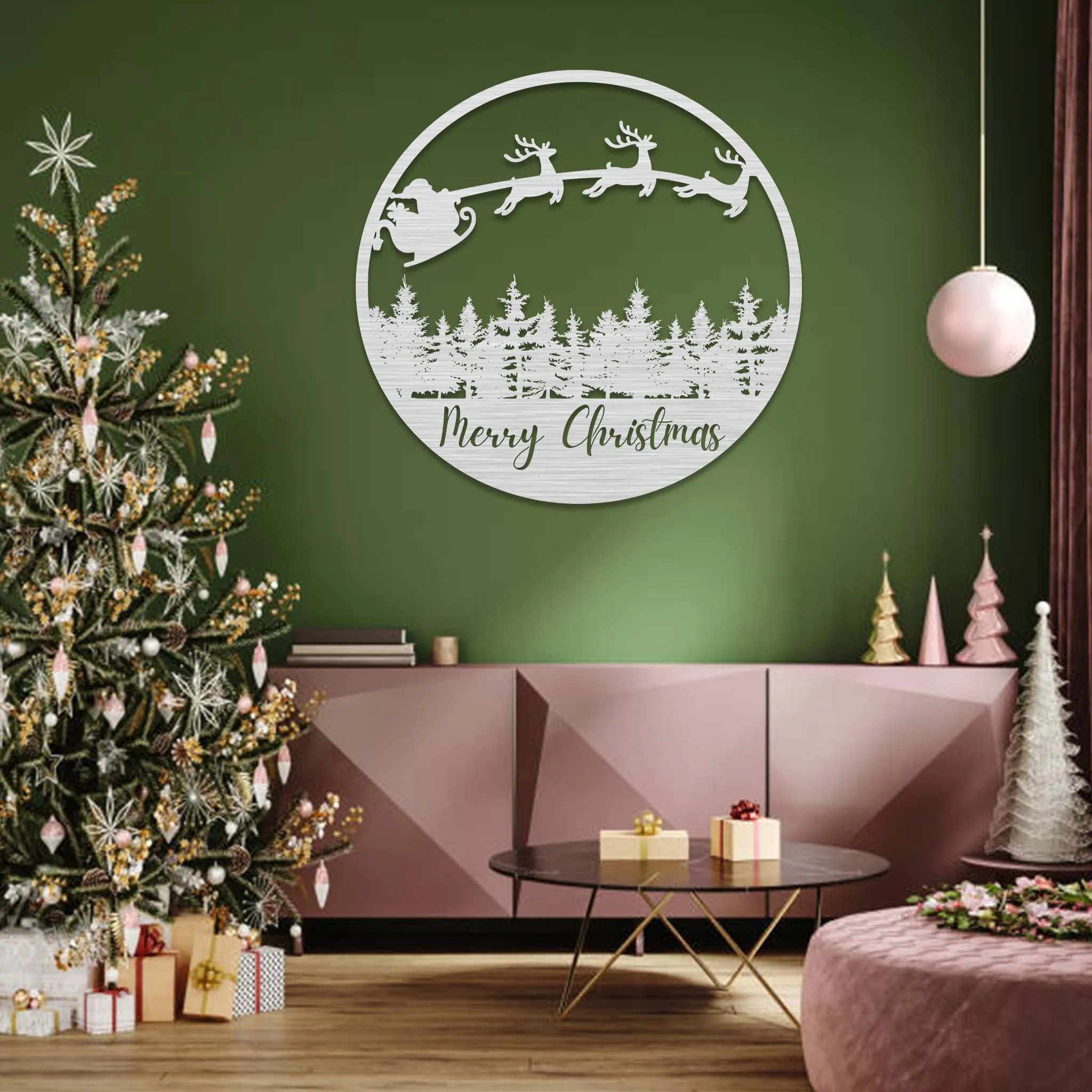 Merry Christmas Sleigh Scenery - Metal Wall Art