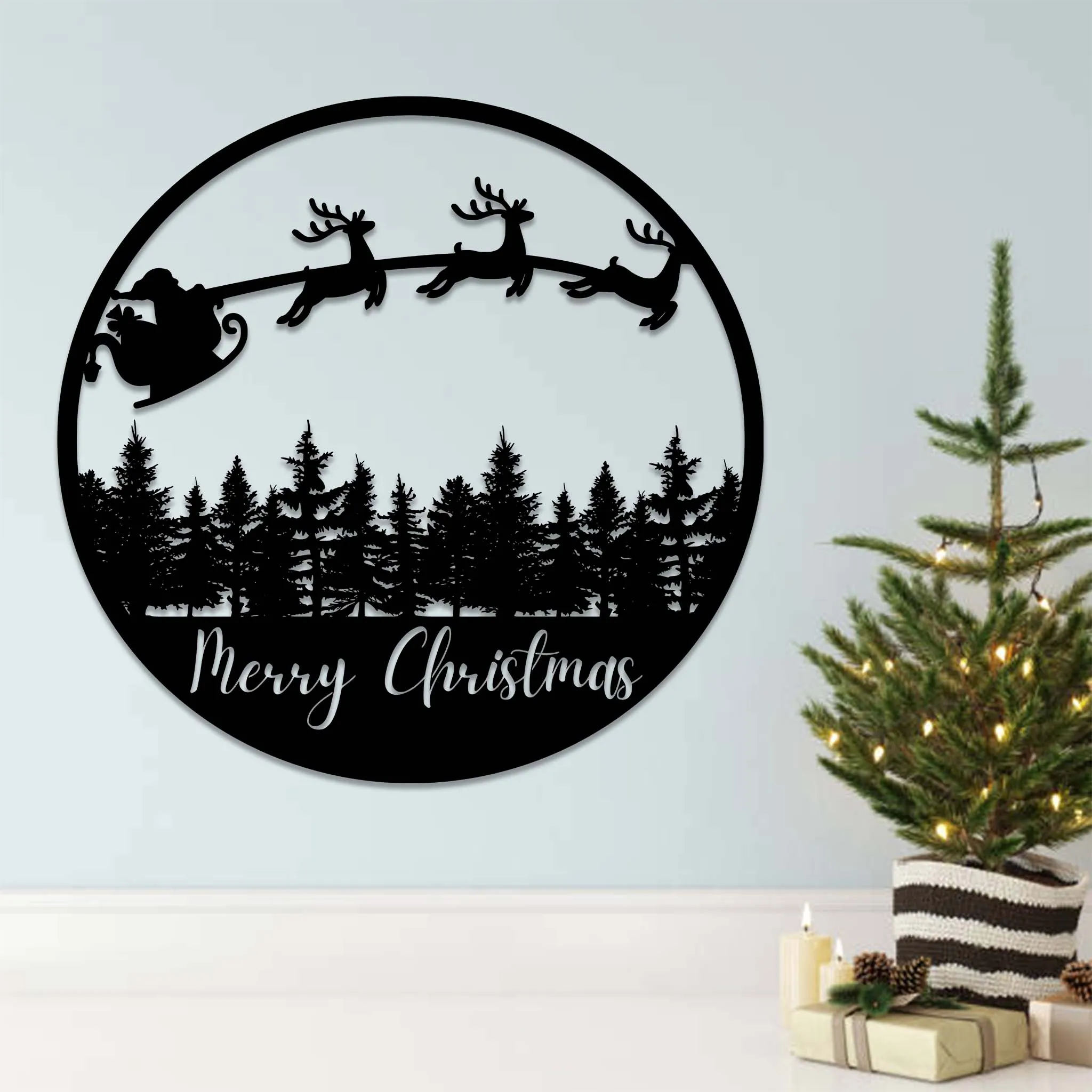 Merry Christmas Sleigh Scenery - Metal Wall Art