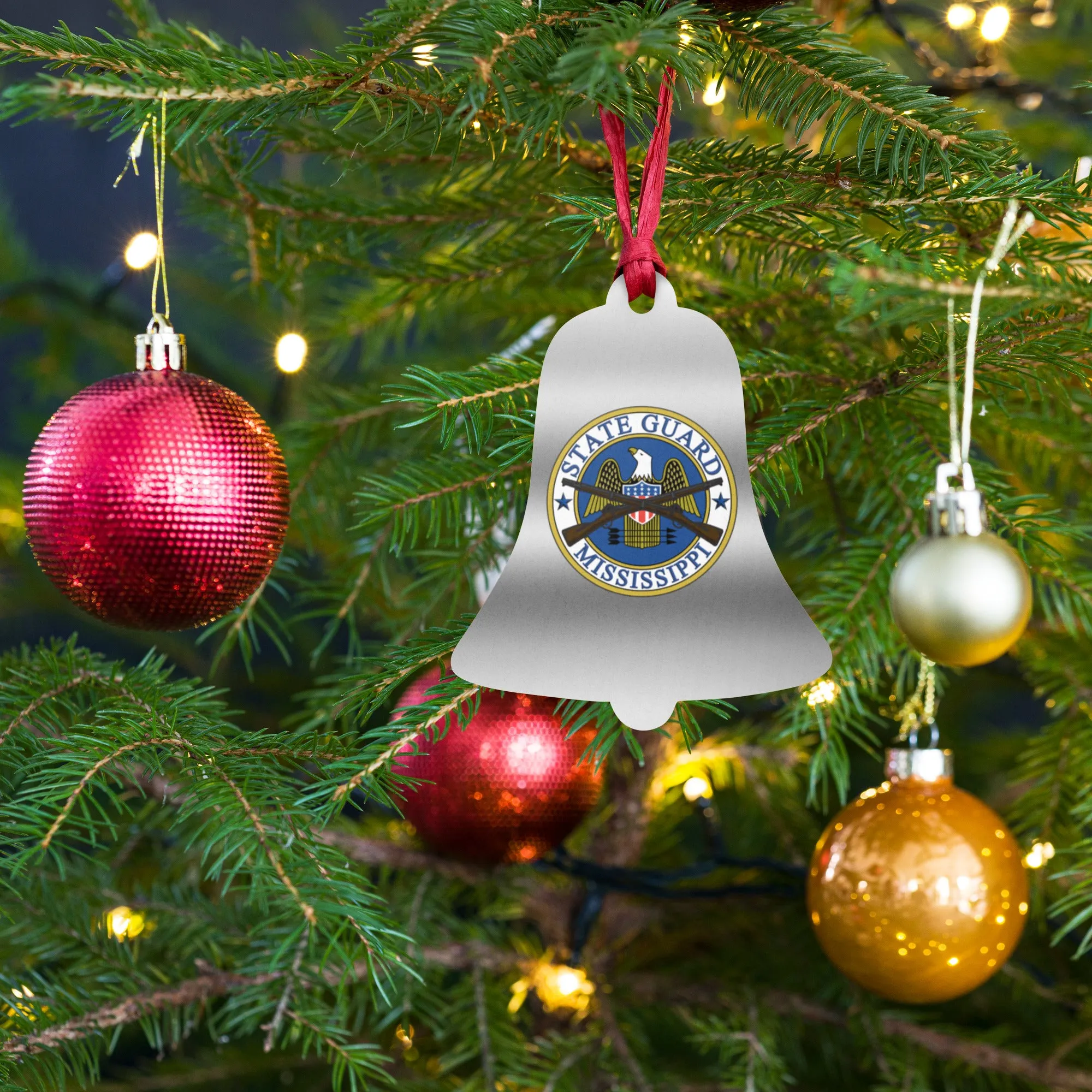 Mississippi State Guard Silver Bell Wooden Ornament