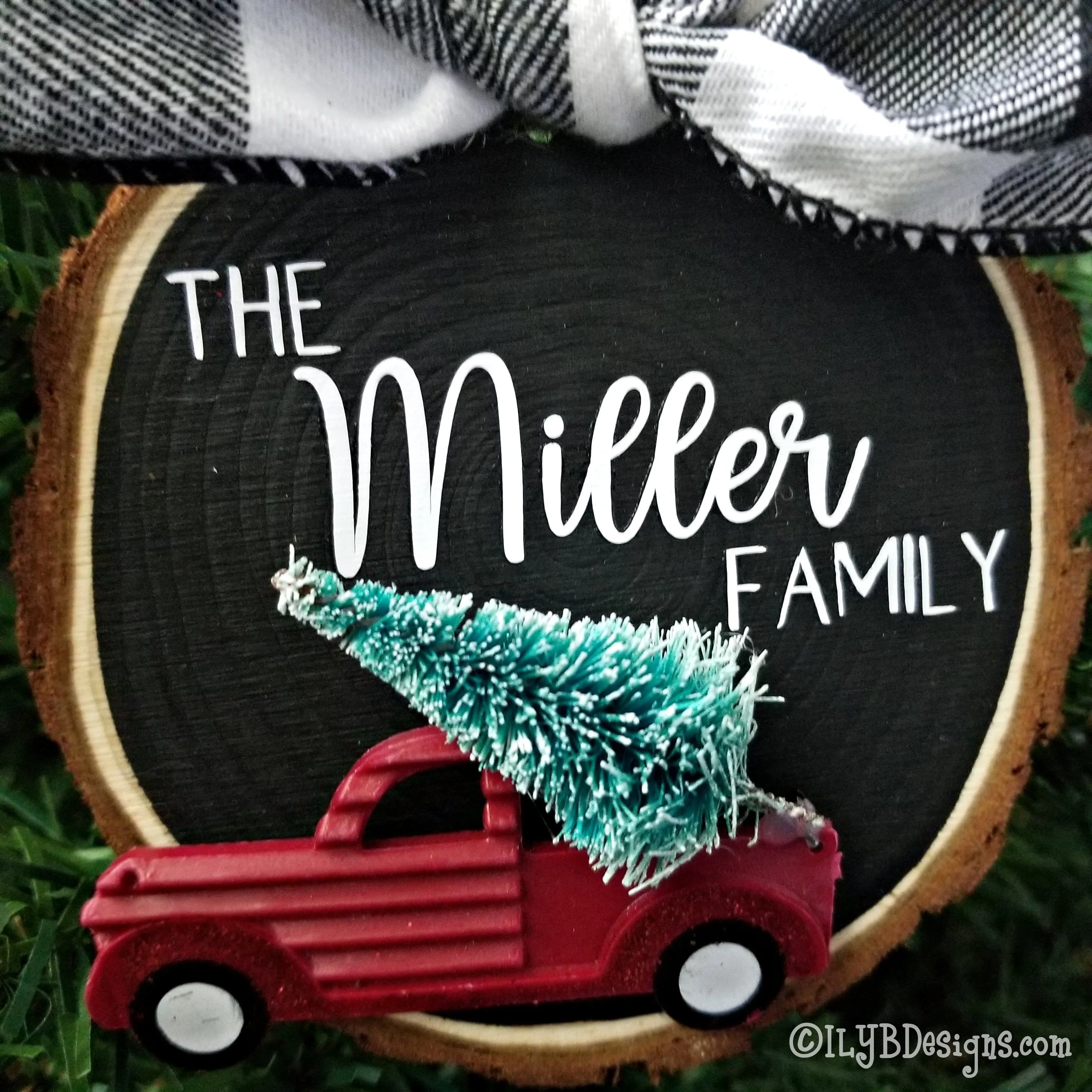 Customized Family Christmas Ornament - Personalized Red Truck Design on Wood Slice