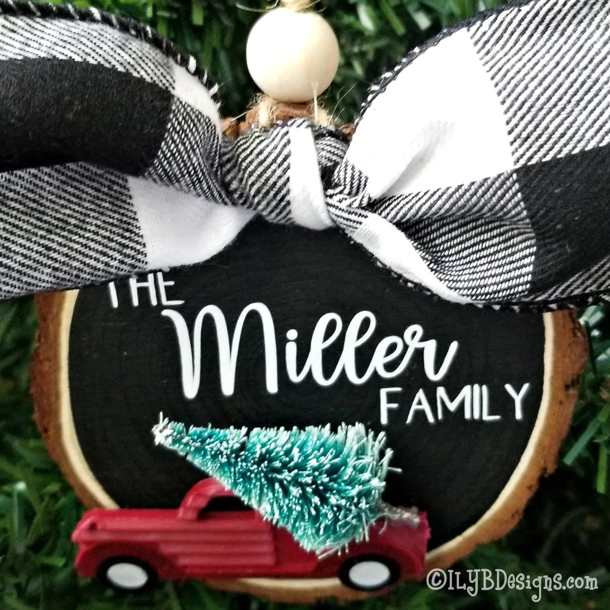 Customized Family Christmas Ornament - Personalized Red Truck Design on Wood Slice