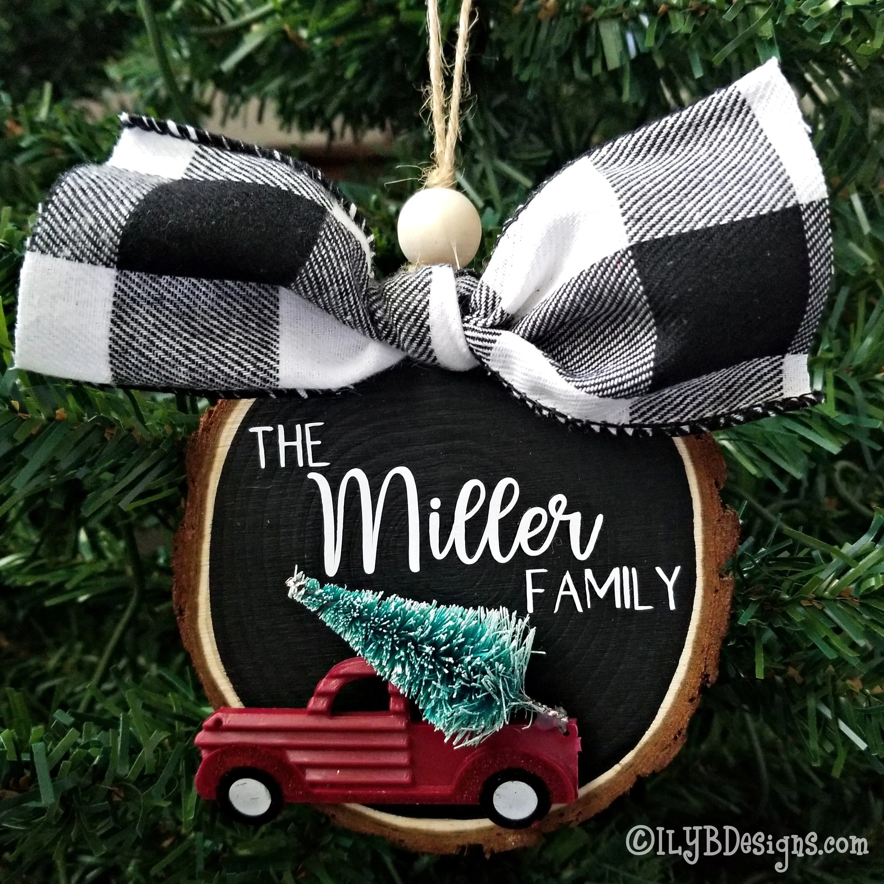 Customized Family Christmas Ornament - Personalized Red Truck Design on Wood Slice