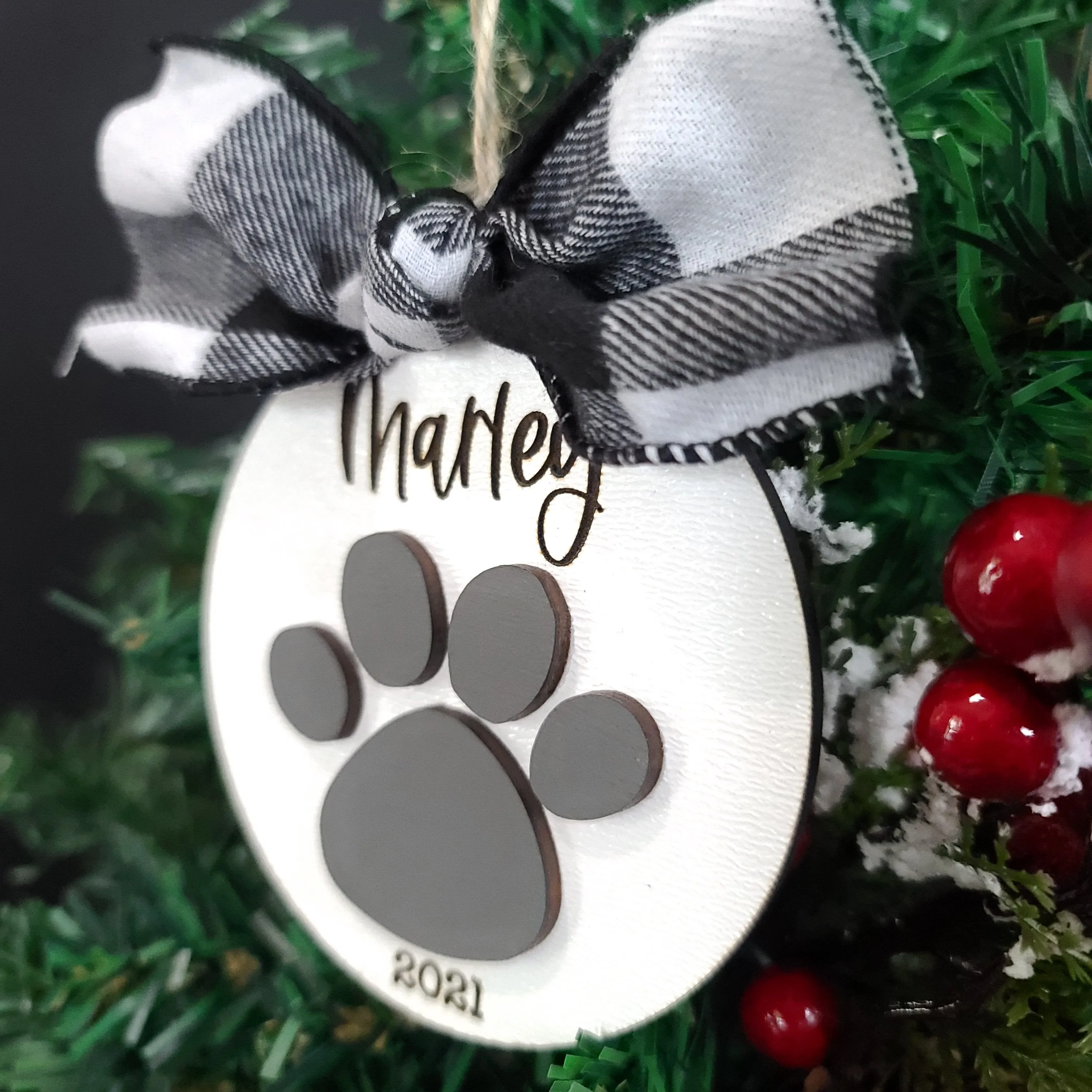 Pet Paw Print Christmas Ornament | Personalized Laser Cut Wood Ornament