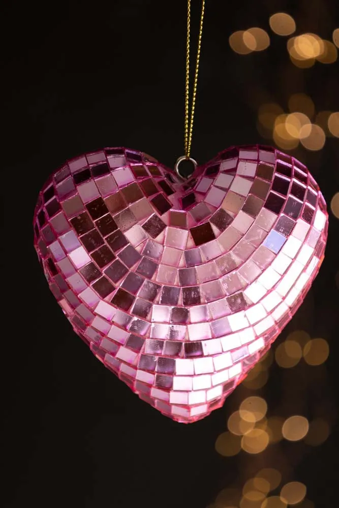 Pink Disco Heart Christmas Tree Decoration