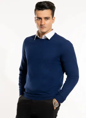 Plain-Blue Merino Wool and Acrylic Blend Crew Neck Sweaters