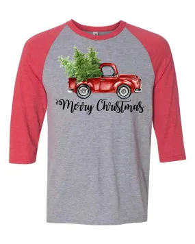 "Merry Christmas" Vintage Truck - Heather Grey/Red Raglan