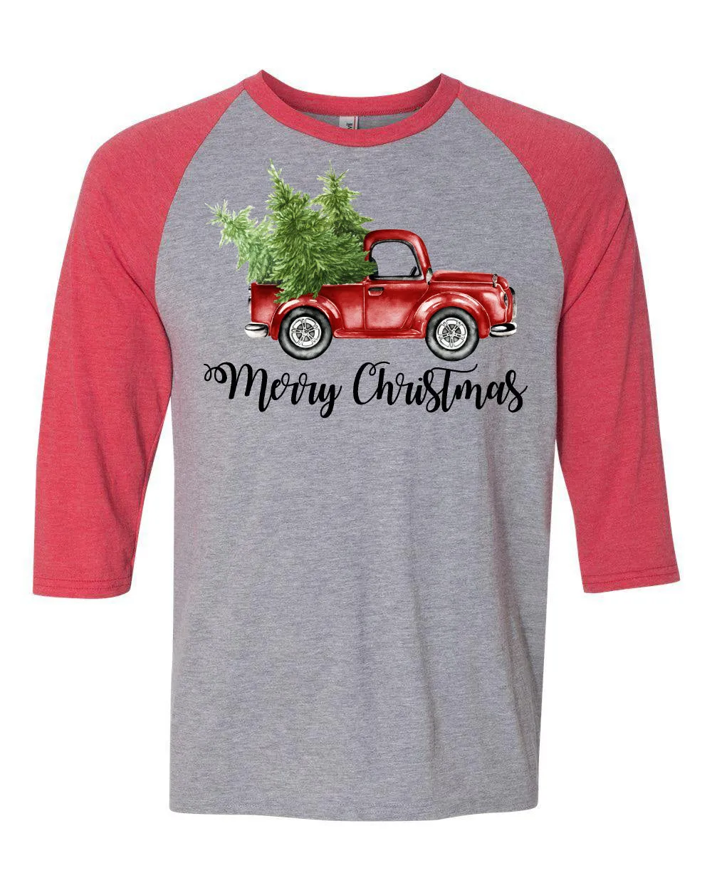 "Merry Christmas" Vintage Truck - Heather Grey/Red Raglan