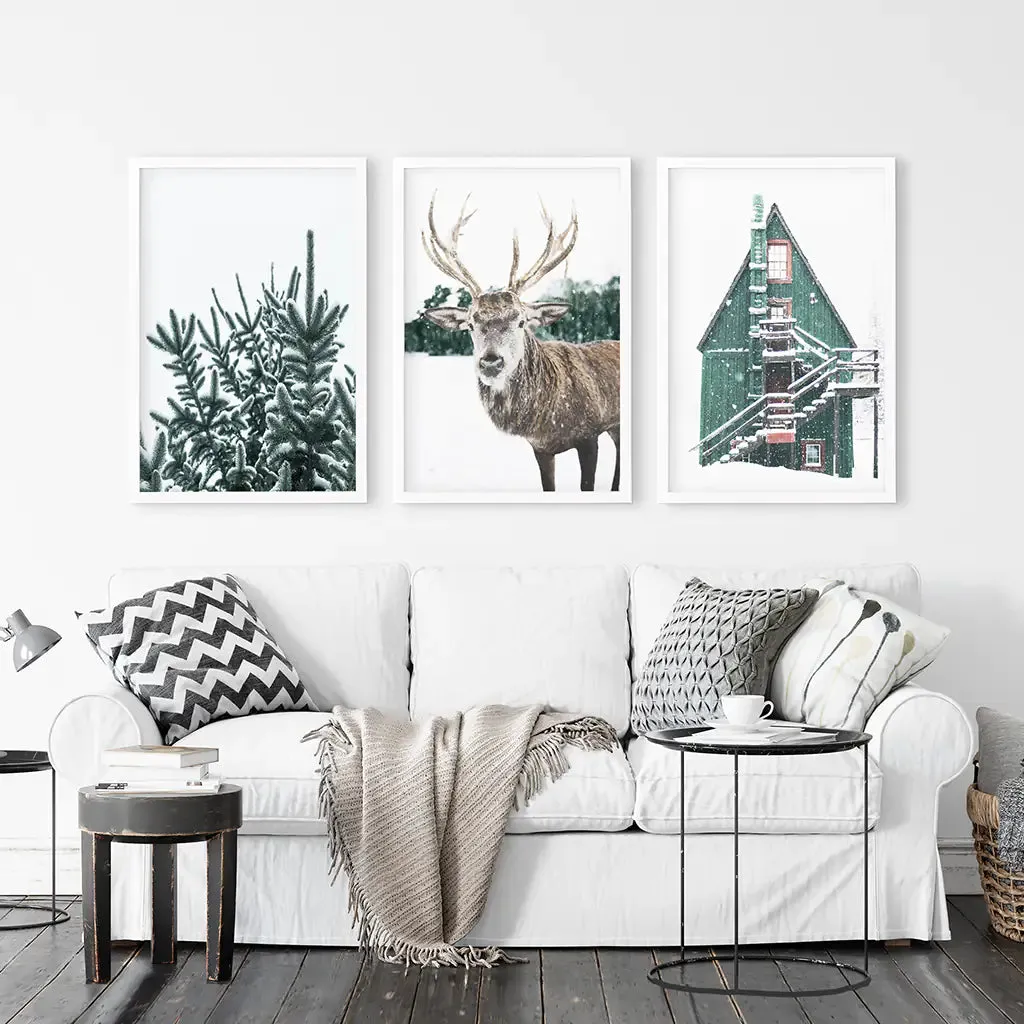 Rustic Christmas Wall Art Set. Trees, Deer, Green Log Cabin