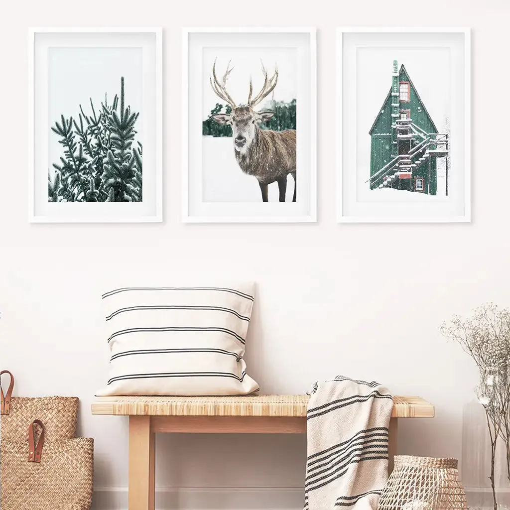 Rustic Christmas Wall Art Set. Trees, Deer, Green Log Cabin