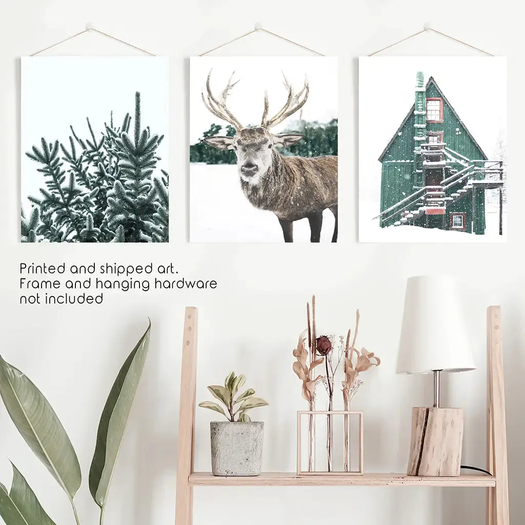 Rustic Christmas Wall Art Set. Trees, Deer, Green Log Cabin