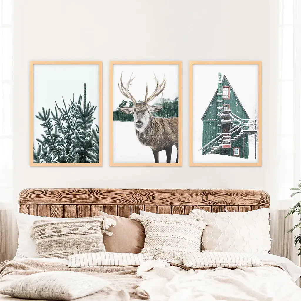 Rustic Christmas Wall Art Set. Trees, Deer, Green Log Cabin