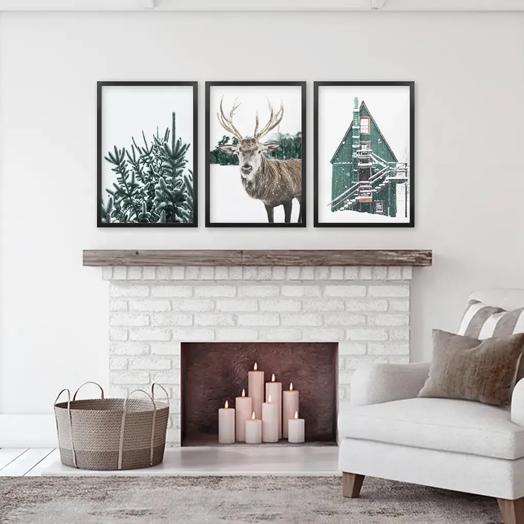 Rustic Christmas Wall Art Set. Trees, Deer, Green Log Cabin