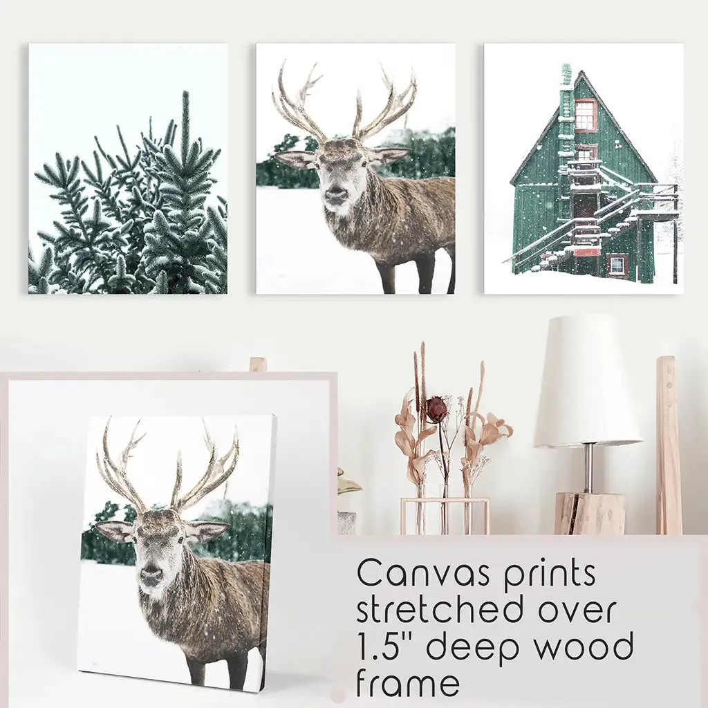 Rustic Christmas Wall Art Set. Trees, Deer, Green Log Cabin