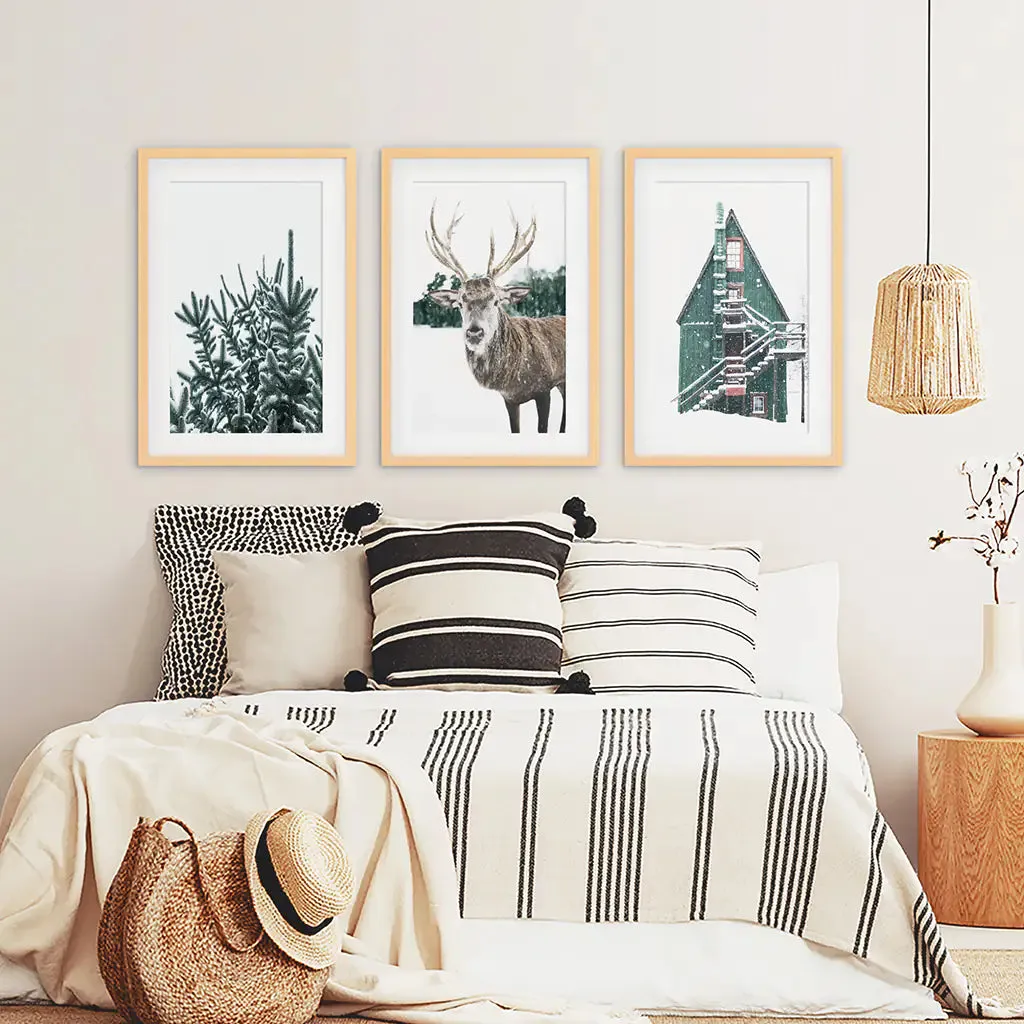 Rustic Christmas Wall Art Set. Trees, Deer, Green Log Cabin