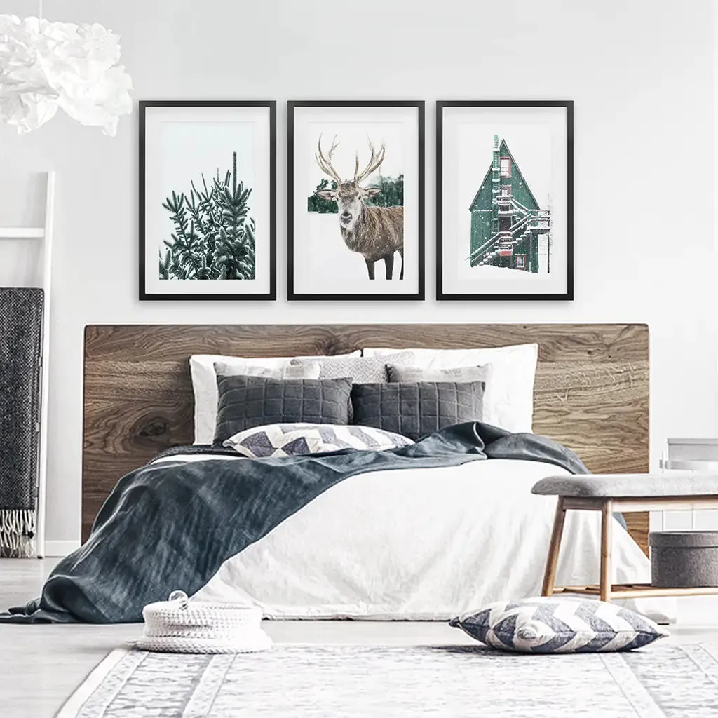 Rustic Christmas Wall Art Set. Trees, Deer, Green Log Cabin