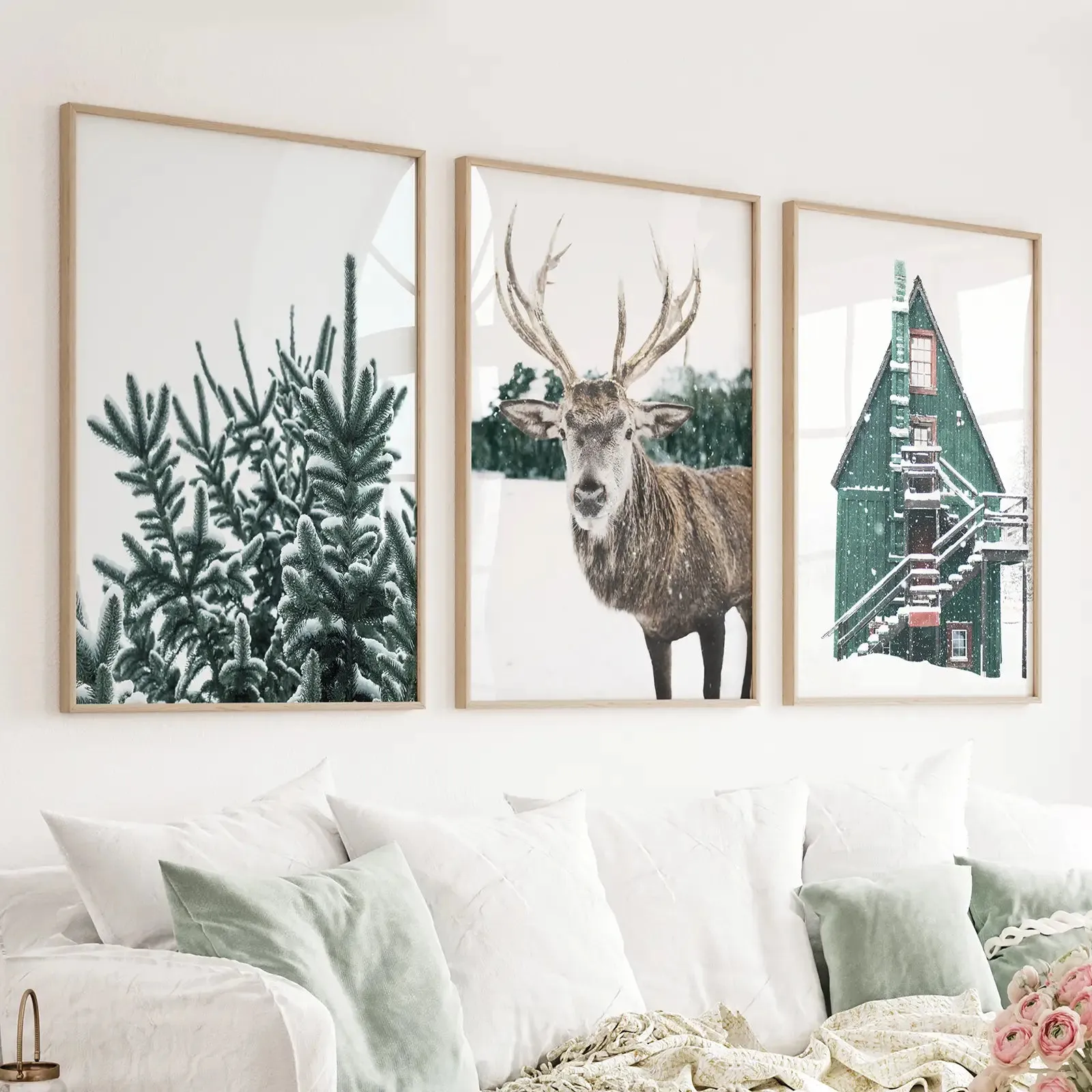 Rustic Christmas Wall Art Set. Trees, Deer, Green Log Cabin