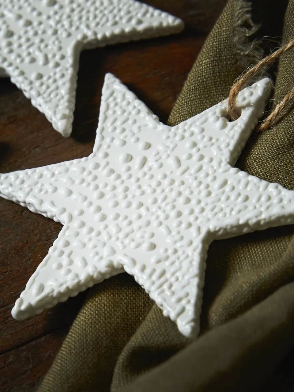 Set of 3 White Ceramic Textured Star Decorations