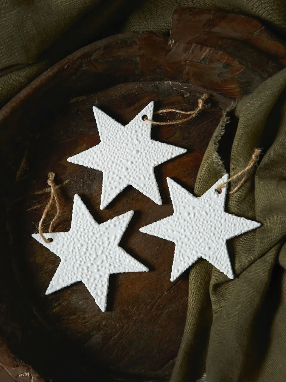 Set of 3 White Ceramic Textured Star Decorations